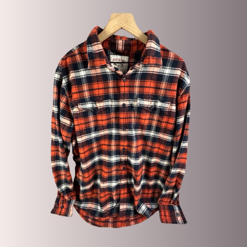 American Eagle Men Flannel Shirt XL Red Blue Button Down Long Sleeve XLARGE